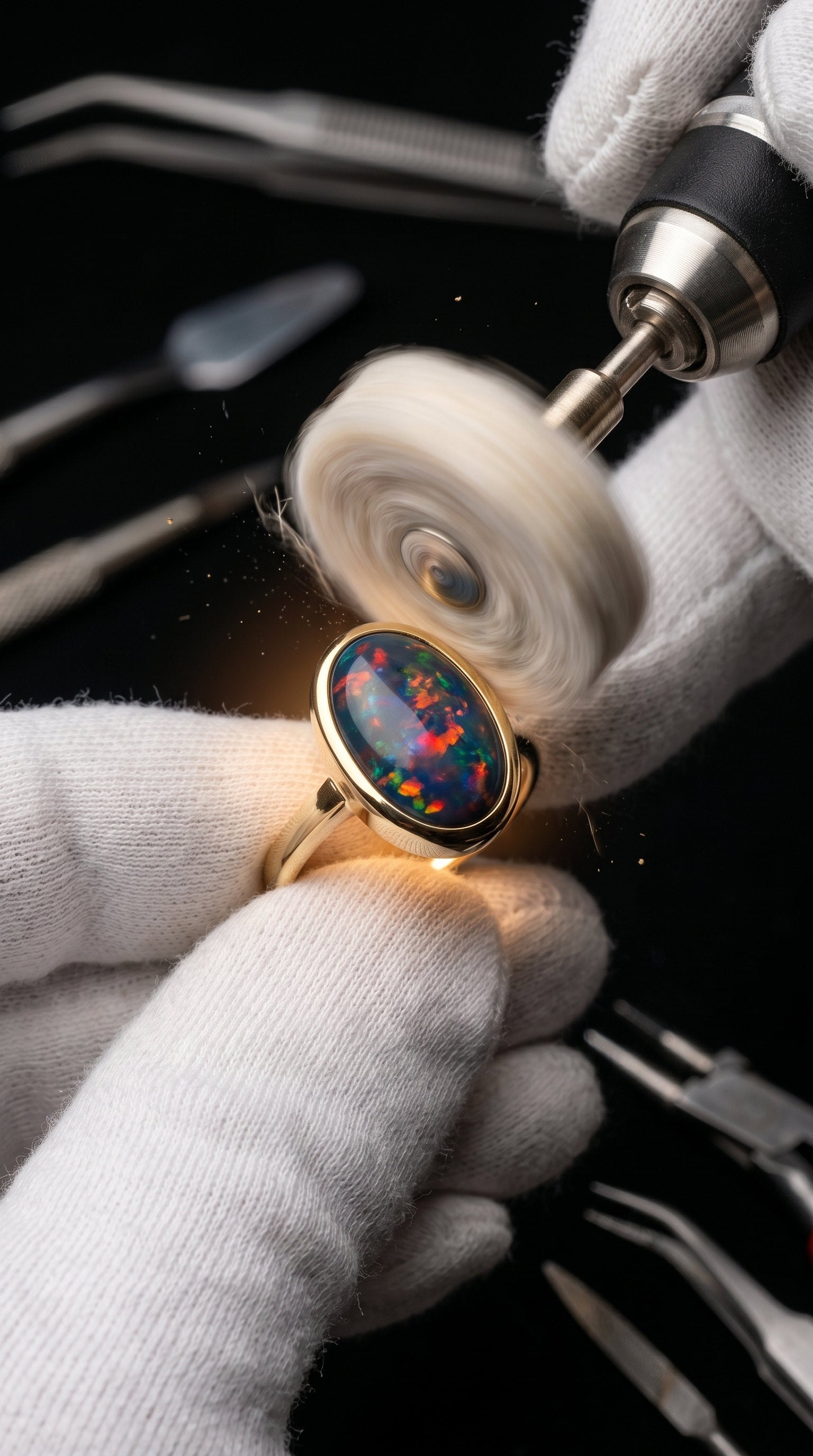 Play-of-colour opal hand-set cold in fine jewellery, girdle shielded | SARATTI
