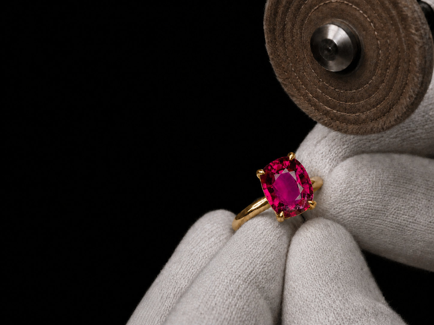 Rubellite tourmaline ring holding its red under artificial light | SARATTI