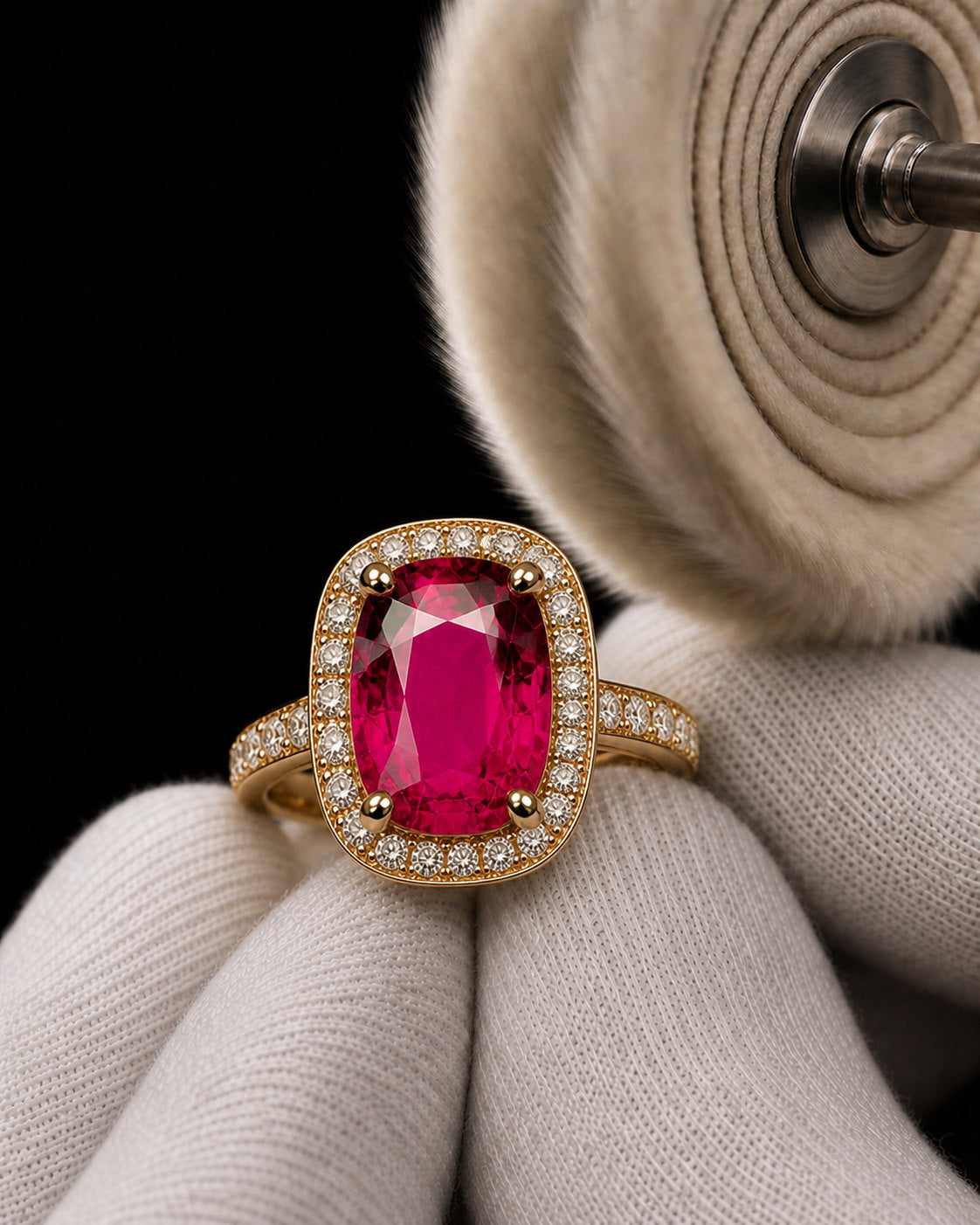 Pink-red rubellite hand-set in fine jewellery, setter working around the fractures | SARATTI