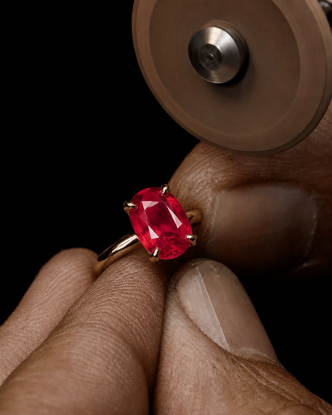 Red ruby gemstone hand-set in fine jewellery, seat cut before the metal is finished | SARATTI