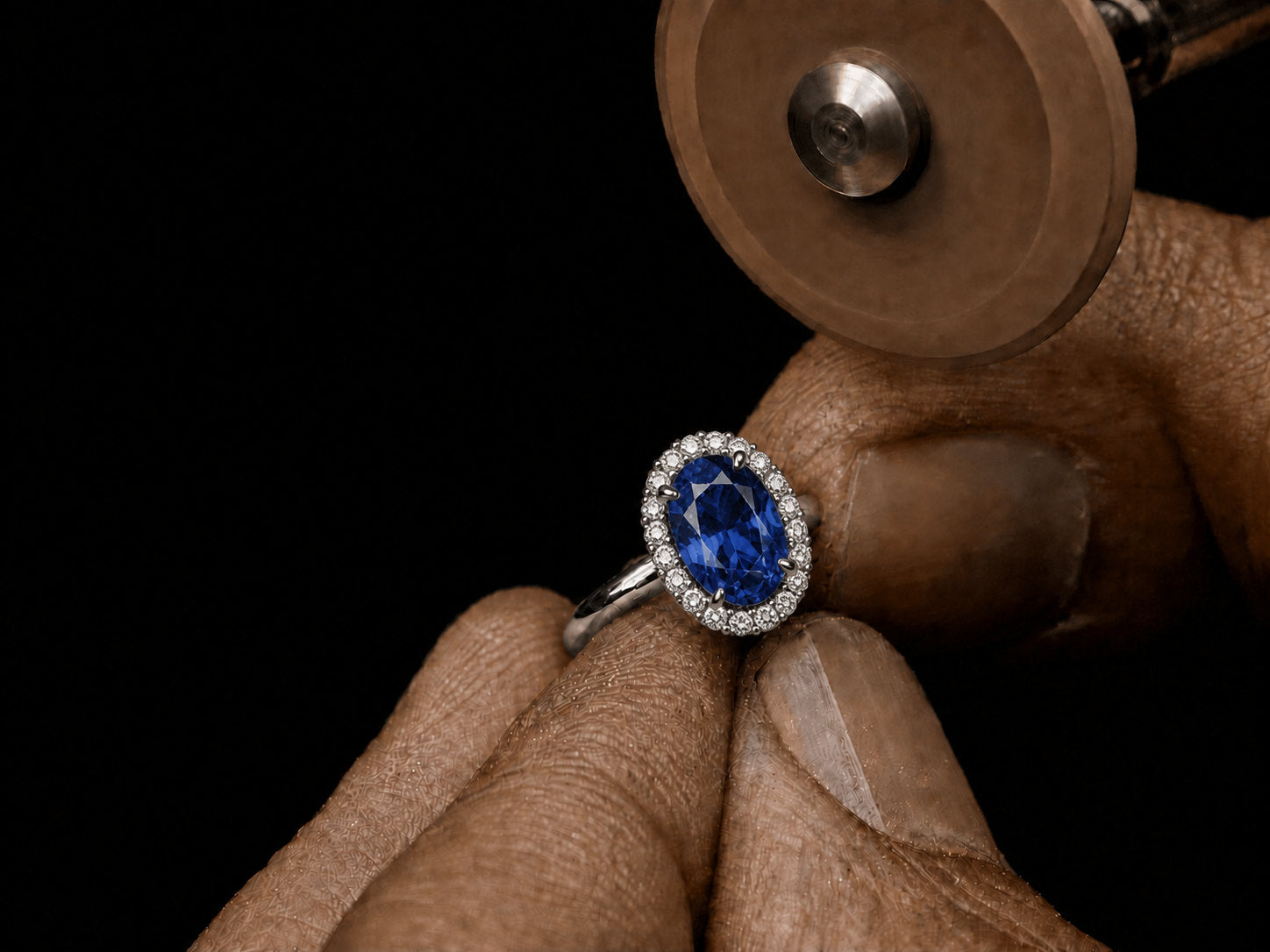 Natural blue sapphire hand-set in a fine jewellery ring, claws closed by one setter | SARATTI