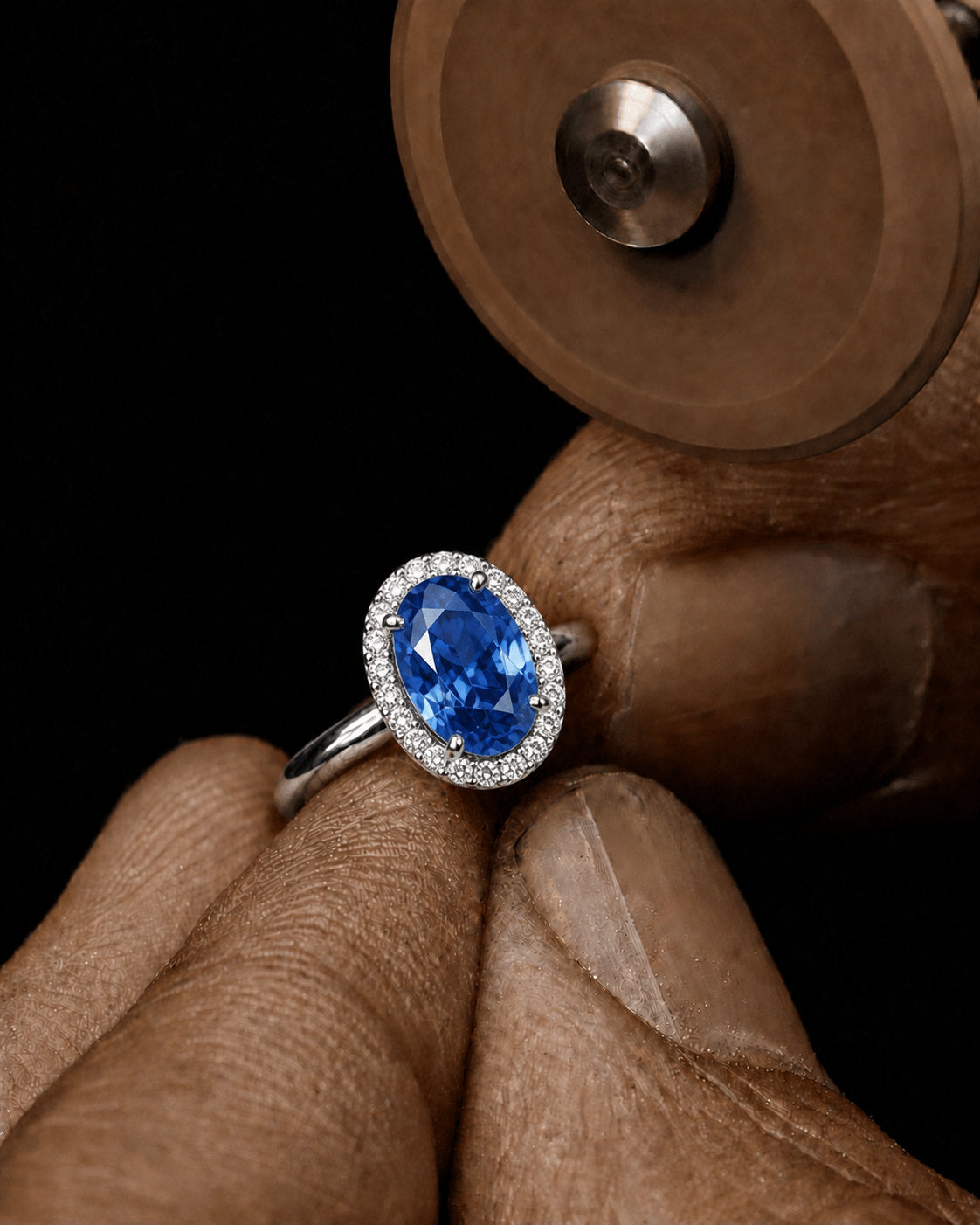 Blue sapphire gemstone ring held in the hand, seat cut to its measured depth | SARATTI
