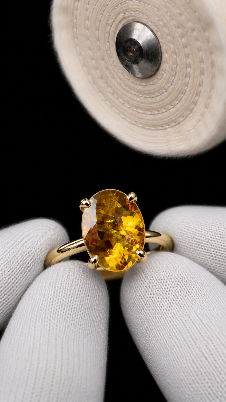 Yellow-green sphene gemstone in fine jewellery, protected at the girdle | SARATTI