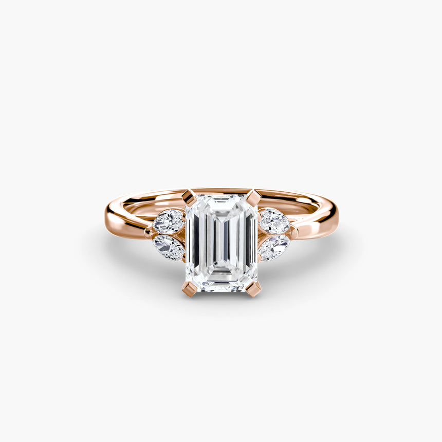 AURELIA Emerald Cut four-stone shoulder solitaire ring setting in Rose Gold | SARATTI