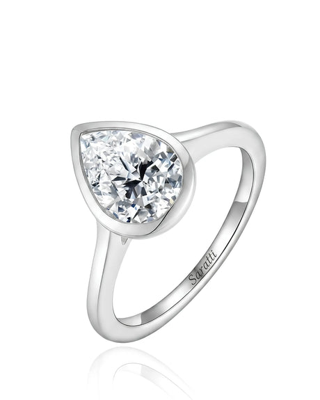 Aurelia's Embrace 1 carat pear-cut natural diamond bezel engagement ring in 18K white gold or platinum, 45-degree view | SARATTI