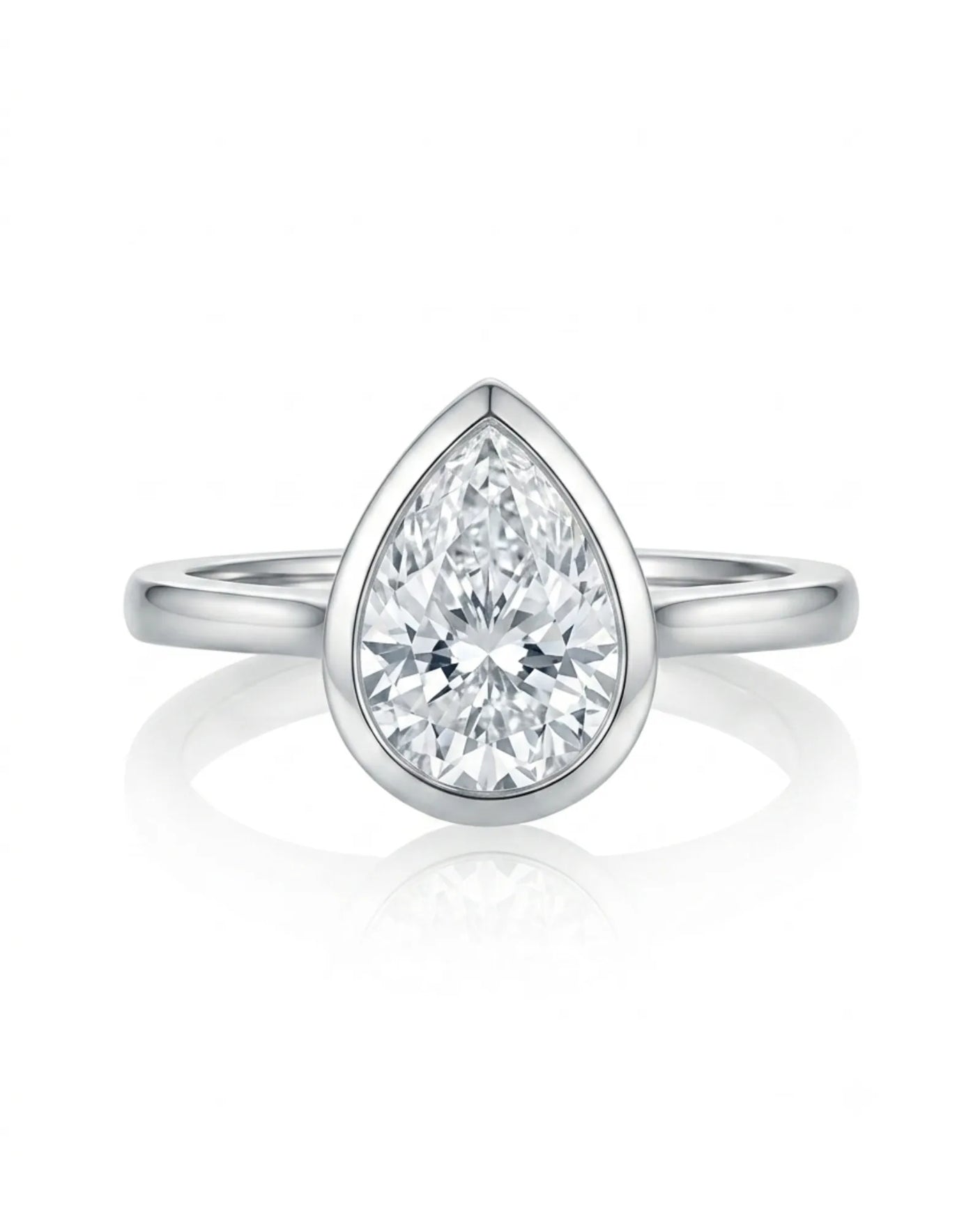 Aurelia's Embrace 1 carat pear-cut natural diamond bezel solitaire engagement ring in 18K white gold, front view | SARATTI