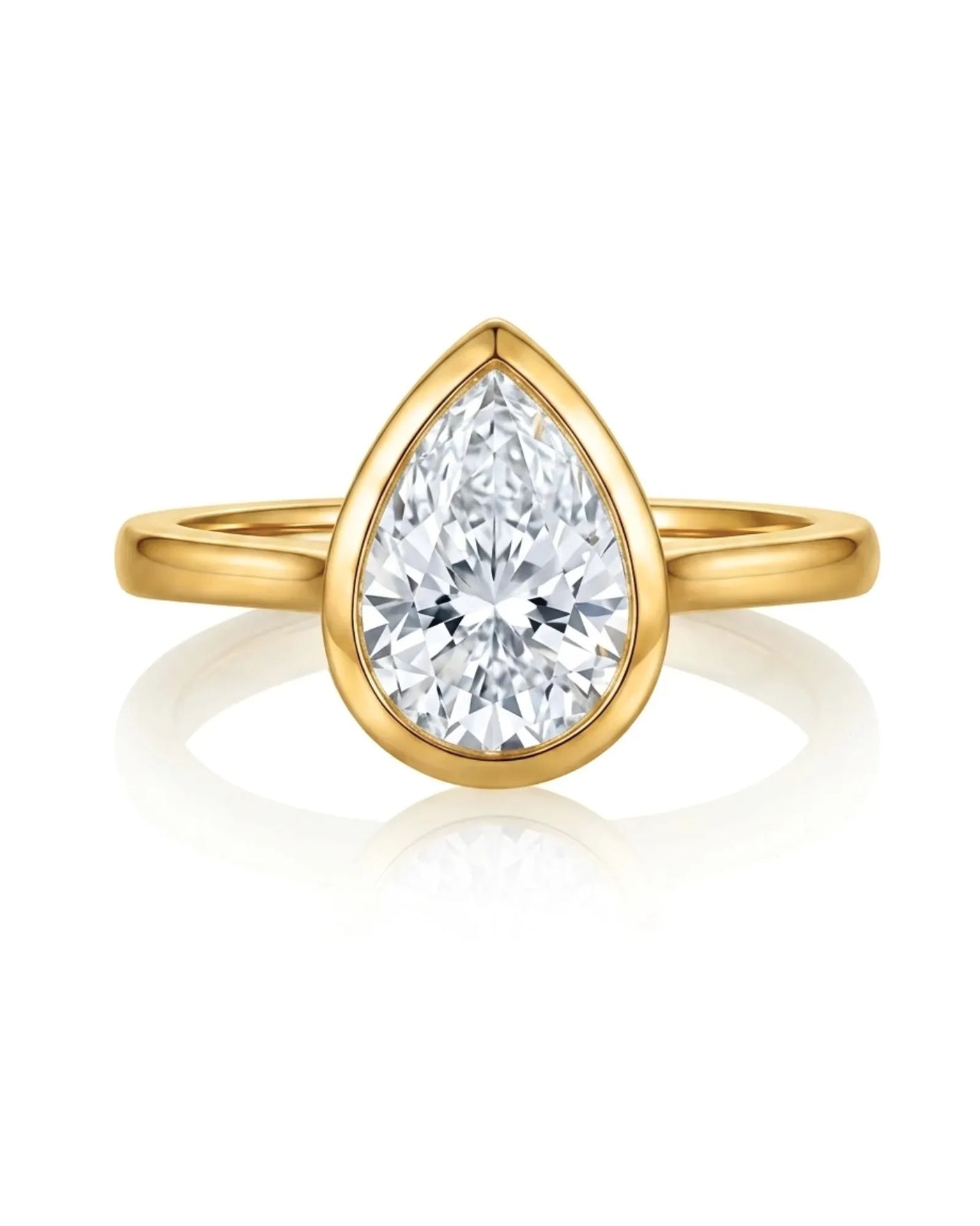 Aurelia's Embrace 1 carat pear-cut natural diamond bezel solitaire engagement ring in 18K yellow gold, front view | SARATTI