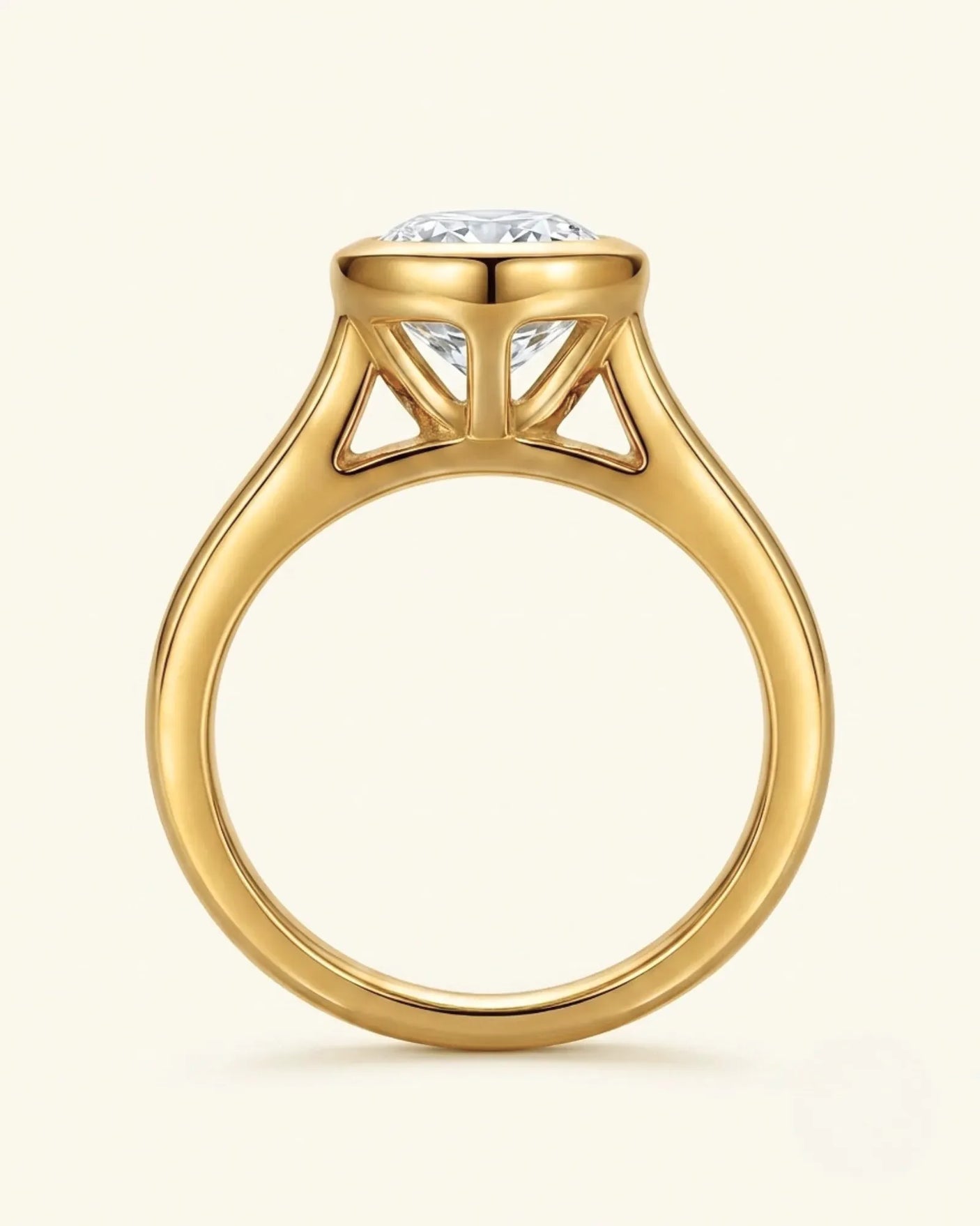 Aurelia's Embrace pear-cut natural diamond bezel engagement ring in 18K yellow gold, rear gallery and band view | SARATTI