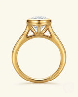 Aurelia's Embrace pear-cut natural diamond bezel engagement ring in 18K yellow gold, rear gallery and band view | SARATTI