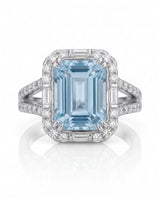 Aureline Halo emerald cut Aquamarine diamond halo ring setting in platinum, front view | SARATTI