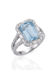 Aureline Halo emerald cut Aquamarine diamond split shank ring setting in platinum, main view | SARATTI