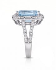 Aureline Halo Aquamarine split shank diamond ring setting in platinum, side profile | SARATTI
