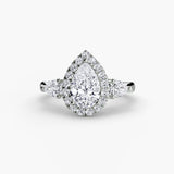 AUREVINA Pear Cut three-stone halo ring setting in 950 Platinum | SARATTI