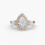 AUREVINA Pear Cut three-stone halo ring setting in Rose Gold | SARATTI