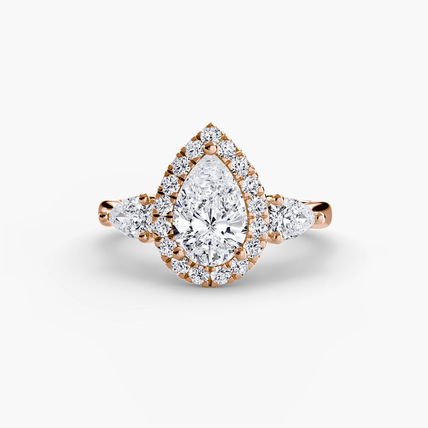 AUREVINA Pear Cut three-stone halo ring setting in Rose Gold | SARATTI