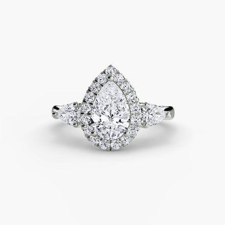 AUREVINA Pear Cut three-stone halo ring setting in White Gold | SARATTI
