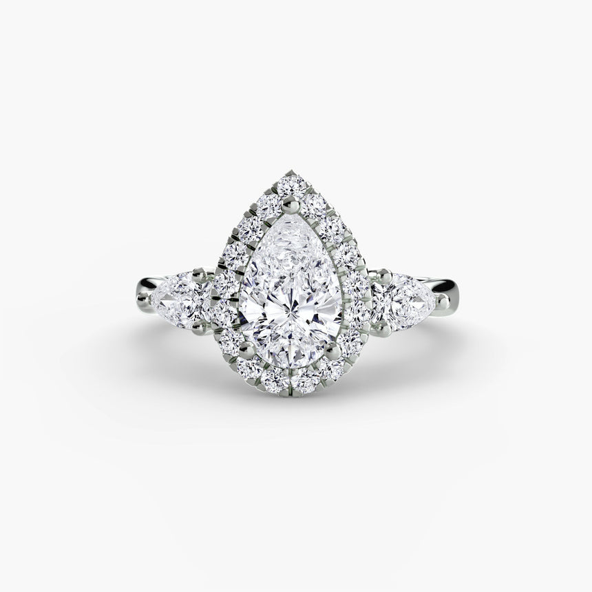 AUREVINA Pear Cut three-stone halo ring setting in White Gold | SARATTI