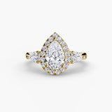 AUREVINA Pear Cut three-stone halo ring setting in Yellow Gold | SARATTI
