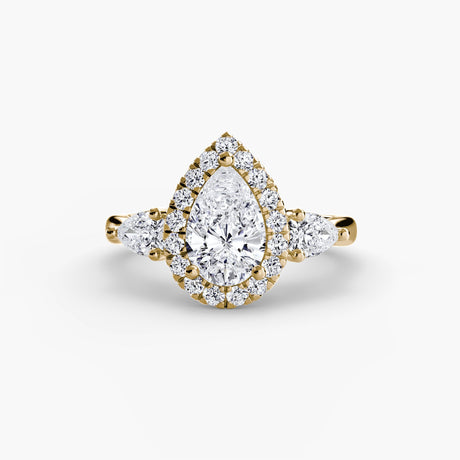 AUREVINA Pear Cut three-stone halo ring setting in Yellow Gold | SARATTI