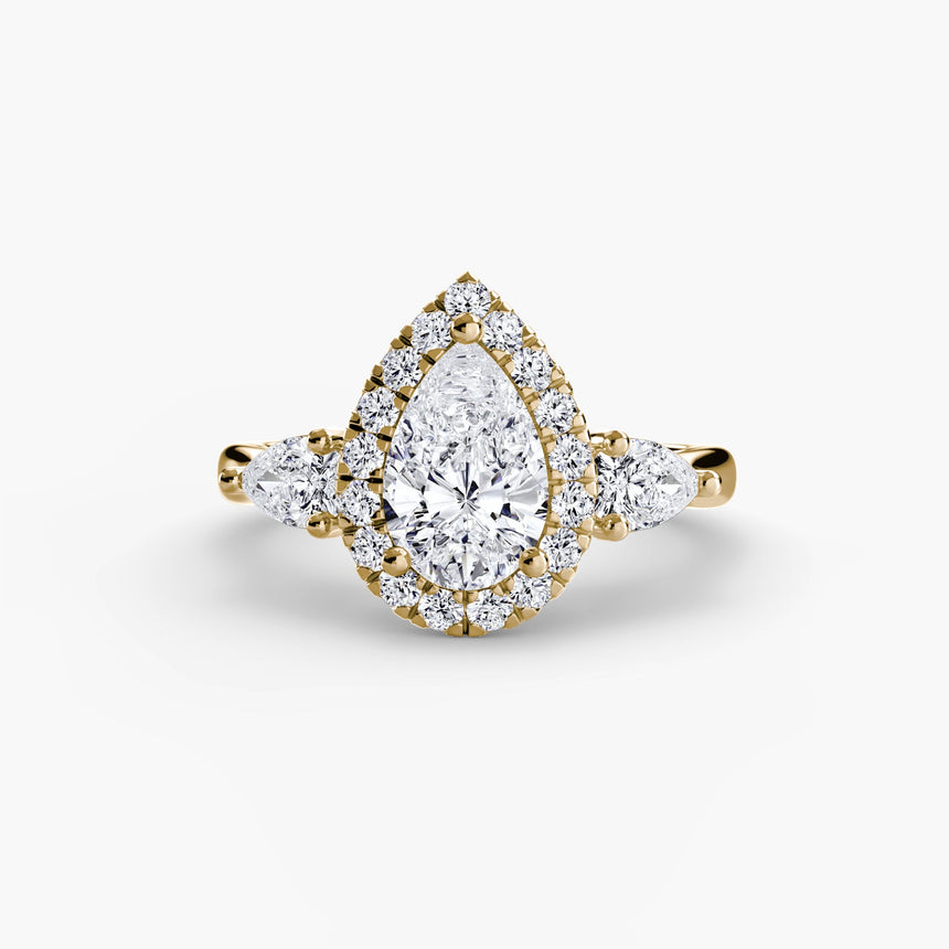 AUREVINA Pear Cut three-stone halo ring setting in Yellow Gold | SARATTI