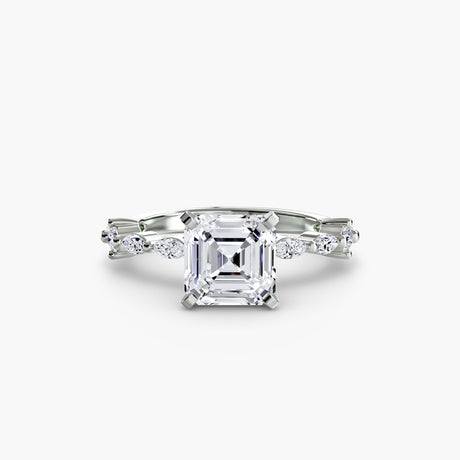AUREX – Asscher Cut Pavé Cathedral Ring Setting in White Gold | SARATTI