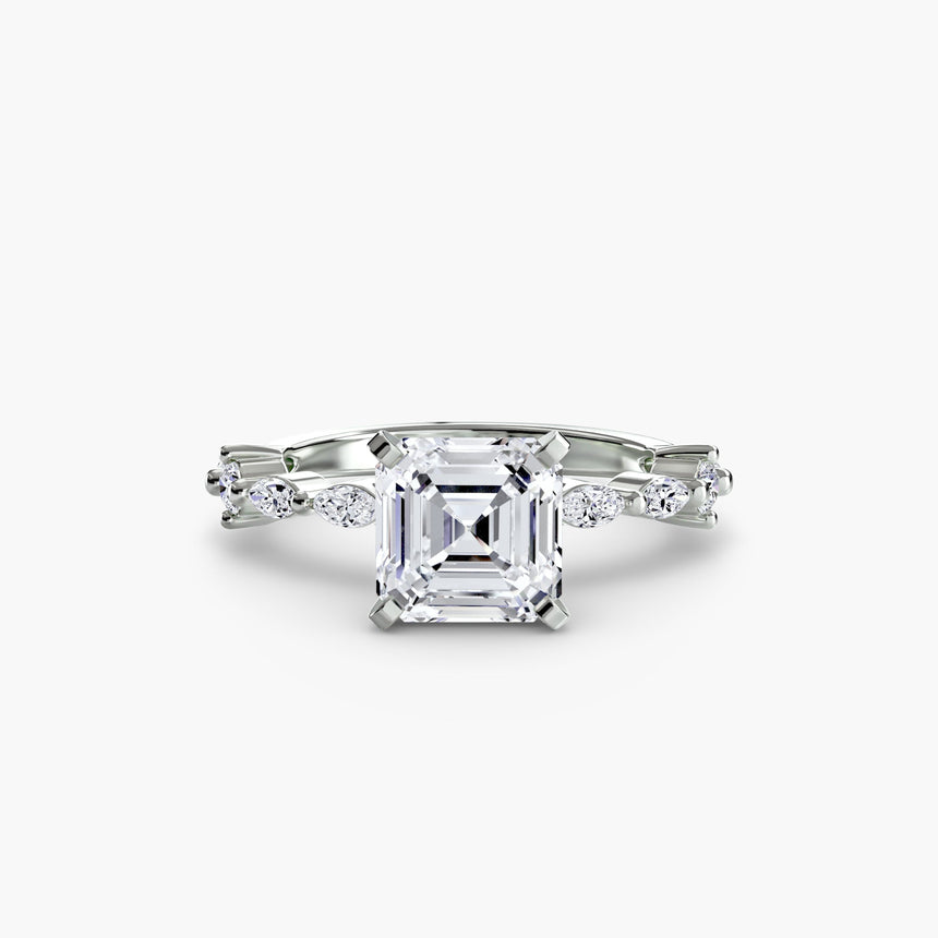 AUREX – Asscher Cut Pavé Cathedral Ring Setting in White Gold | SARATTI