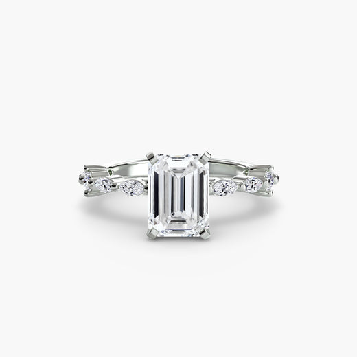 AUREX CATHEDRAL – Emerald Cut Pavé Solitaire Ring Setting in White Gold, standalone product view | SARATTI