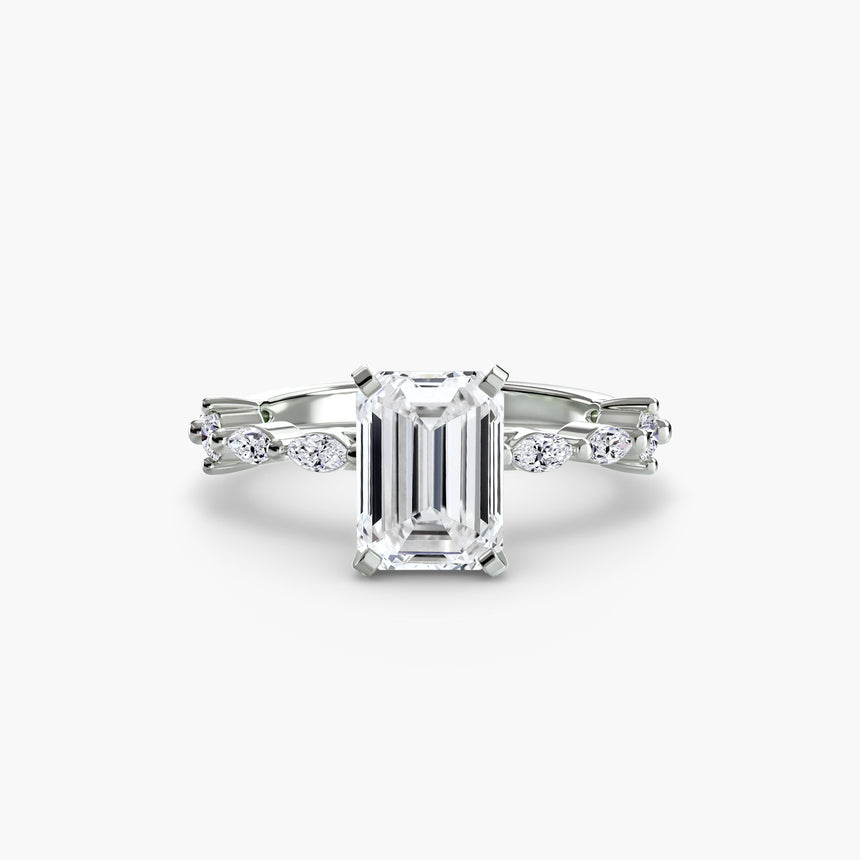AUREX CATHEDRAL – Emerald Cut Pavé Solitaire Ring Setting in White Gold, standalone product view | SARATTI