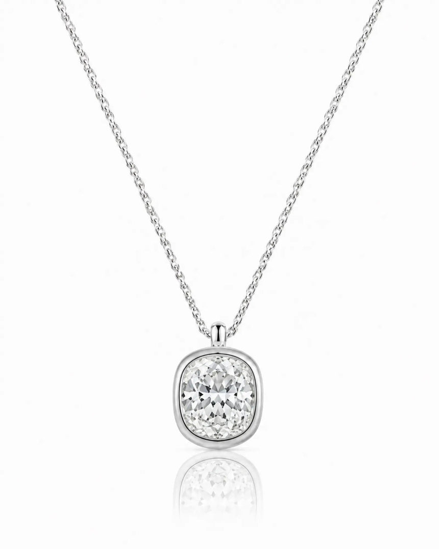 AUREX Cushion Cut bezel necklace setting in white gold | SARATTI