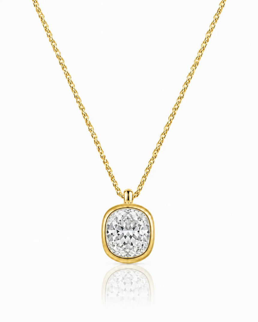 AUREX Cushion Cut bezel necklace setting in yellow gold | SARATTI