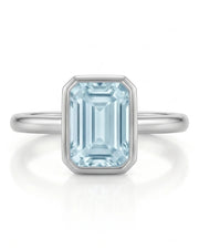 AUREX emerald cut Aquamarine bezel ring setting in Platinum, front view | SARATTI