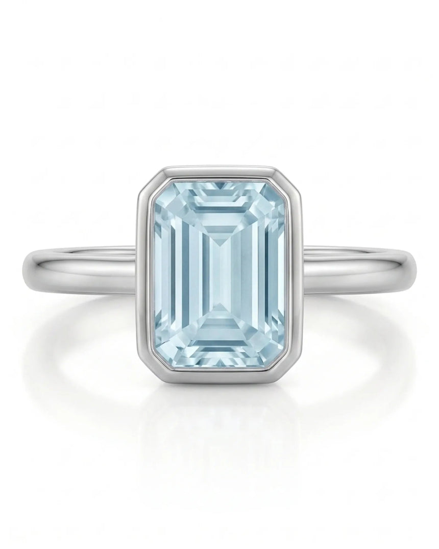 AUREX emerald cut Aquamarine bezel ring setting in Platinum, front view | SARATTI