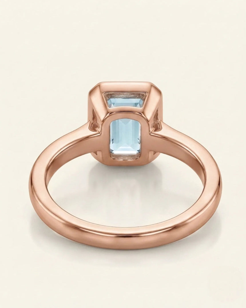 AUREX emerald cut Aquamarine bezel ring setting in Rose Gold, underside gallery view | SARATTI