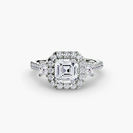 AUREX HALO – Asscher Cut Three-Stone Halo Diamond Ring Setting in White Gold | SARATTI