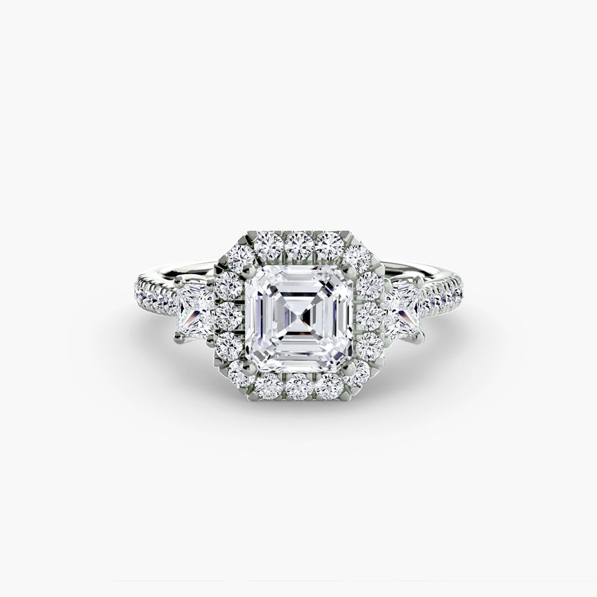 AUREX HALO – Asscher Cut Three-Stone Halo Diamond Ring Setting in White Gold | SARATTI