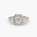AUREX HALO – Asscher Cut Three-Stone Halo Diamond Ring Setting in Yellow Gold | SARATTI