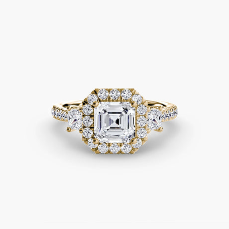 AUREX HALO – Asscher Cut Three-Stone Halo Diamond Ring Setting in Yellow Gold | SARATTI