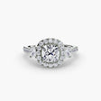 AUREX HALO – Cushion Cut Three-Stone Halo Diamond Ring Setting – White Gold view | SARATTI