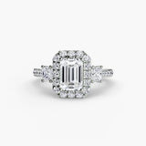 AUREX HALO Emerald Cut three-stone halo diamond ring setting in 950 Platinum | SARATTI