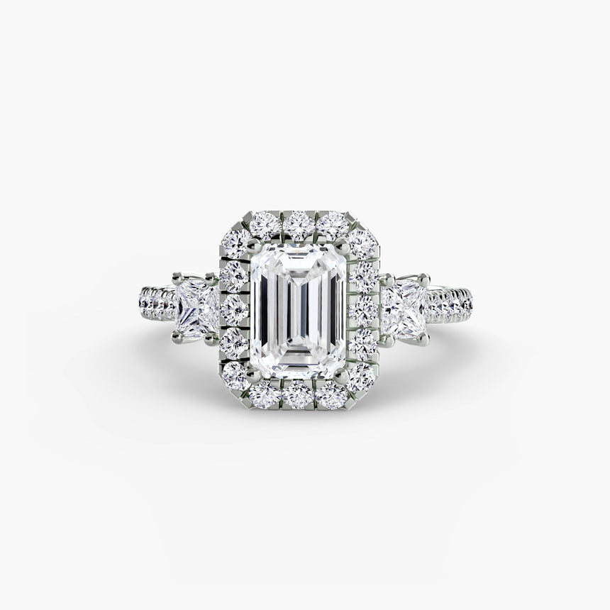 AUREX HALO Emerald Cut three-stone halo diamond ring setting in 950 Platinum | SARATTI