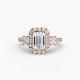 AUREX HALO Emerald Cut three-stone halo diamond ring setting in Rose Gold | SARATTI