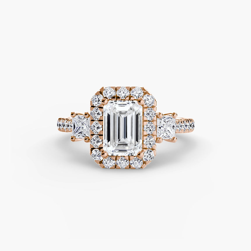 AUREX HALO Emerald Cut three-stone halo diamond ring setting in Rose Gold | SARATTI