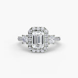 AUREX HALO Emerald Cut three-stone halo diamond ring setting in White Gold | SARATTI