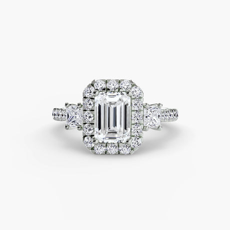 AUREX HALO Emerald Cut three-stone halo diamond ring setting in White Gold | SARATTI