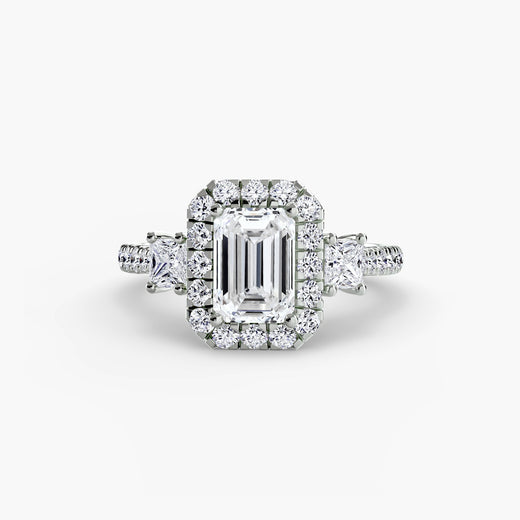 AUREX HALO Emerald Cut three-stone halo diamond ring setting in White Gold | SARATTI