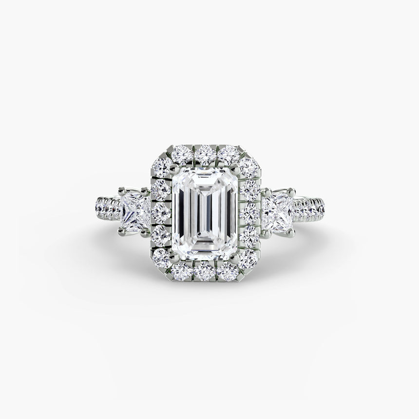 AUREX HALO Emerald Cut three-stone halo diamond ring setting in White Gold | SARATTI