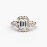 AUREX HALO Emerald Cut three-stone halo diamond ring setting in Yellow Gold | SARATTI