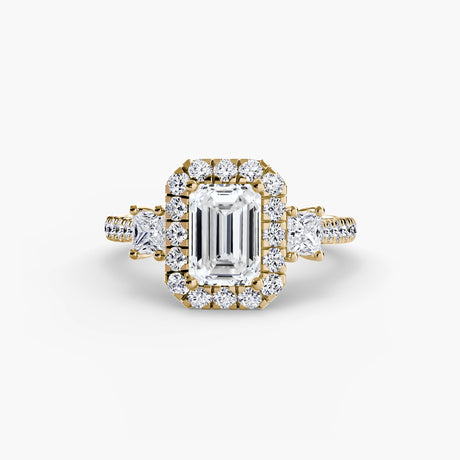 AUREX HALO Emerald Cut three-stone halo diamond ring setting in Yellow Gold | SARATTI