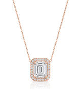 AUREX Halo Emerald Cut necklace setting in rose gold with round diamond halo, front view | SARATTI Fine Jewelry