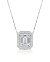 AUREX Halo Emerald Cut necklace setting in white metal with round diamond halo, front view | SARATTI Fine Jewelry